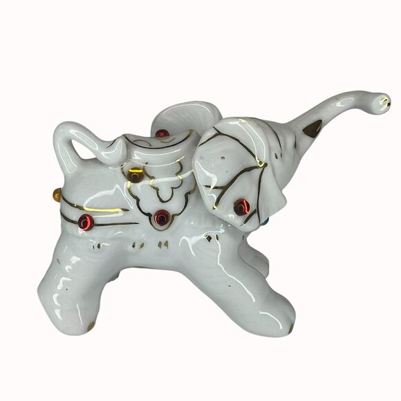Vintage Ceramic Elephant Figurine White With Multicolor Accents & Gold Trim - Picture 3 of 4